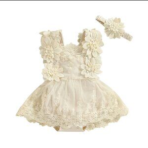 Beige Romper Floral Dress Smash First Birthday Outfit Ivory Easter Dress Clothes